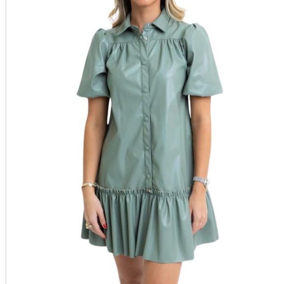 Faux Leather Puff Sleeved Snap Button Front Flare Hem Mini Dress Sage L/14/16 - Picture 1 of 6